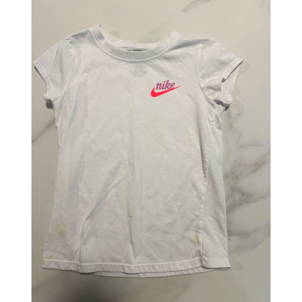 Nike Girls White Graphic Logo Crew Neck Short Sleeve Easy Care Tee Size 6